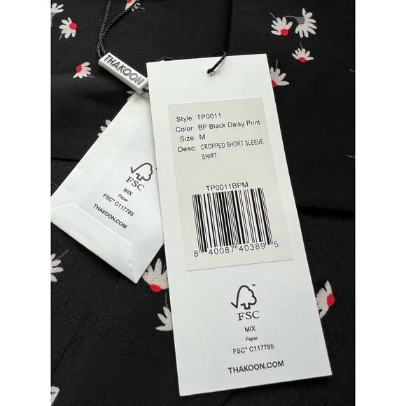 Thakoon Medium Black Daisy Print Short Sleeved Crop Button Down Collard Top NEW! - Picture 4 of 6